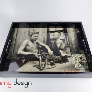 Lacquer rectangular tray with Opium smoker picture 42*32*5cm